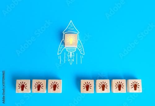 Block with the idea light bulb took off on an imaginary rocket doodle. Developing startup. Choosing best idea. Success investment. Business accelerator. Optimal solution. Creativity