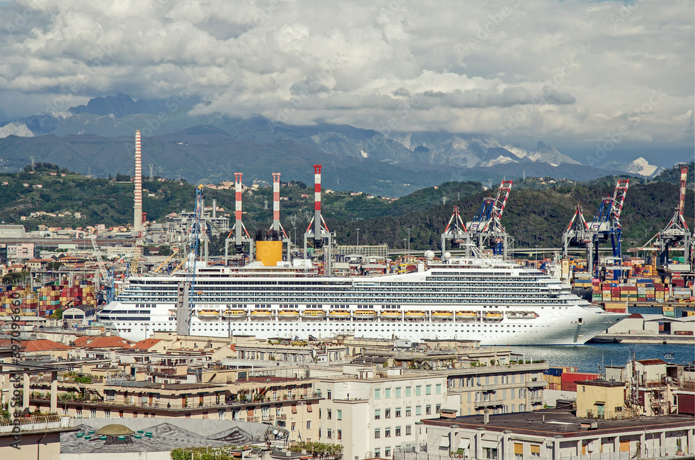 Nice view on the city and cruise ship in port of La Spezia, Italy