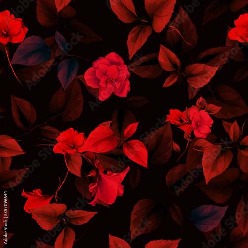 Seamless background pattern. Leaves with red flowers. Dark red, digital illustration. Vector - stock.