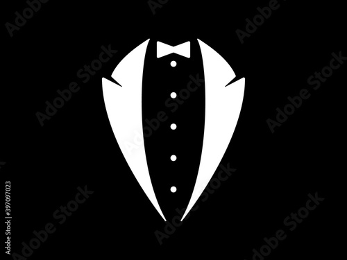 Luxury tuxedo icon. Stylish white formal suit with bow tie and waistcoat for receptions in high society wedding fashion and essential attire for conferences and concerts classic luxury vector style.