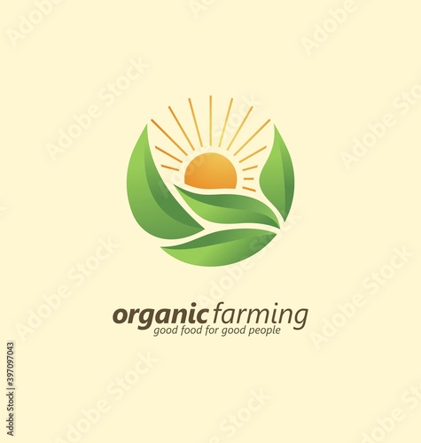 Agriculture industry logo design idea with organic plants on the field and sun shape. Beautiful farming landscape rounded vector symbol. 