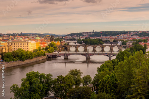 Panoramic view of picturesque Prague city on sunset. River Vltava and Prague bridges. Prague  Czech Republic