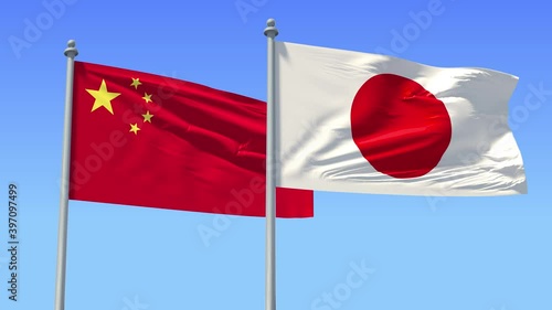 Japan and China flag on flagpole excellent quality. Japan and People's Republic of China waving flag in wind. Endless Animation. LOOP CYCLE Animation.