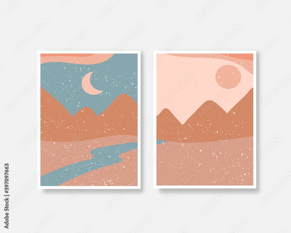 Abstract contemporary aesthetic backgrounds landscapes set with Sun, Moon, sea, mountains. Earth tones, pastel colors. Boho wall decor. Mid century modern minimalist art print. Flat abstract design.