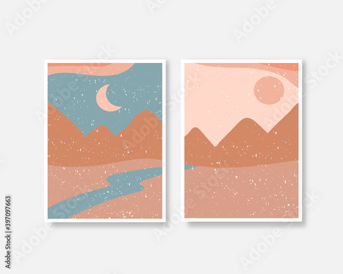 Abstract contemporary aesthetic backgrounds landscapes set with Sun, Moon, sea, mountains. Earth tones, pastel colors. Boho wall decor. Mid century modern minimalist art print. Flat abstract design.