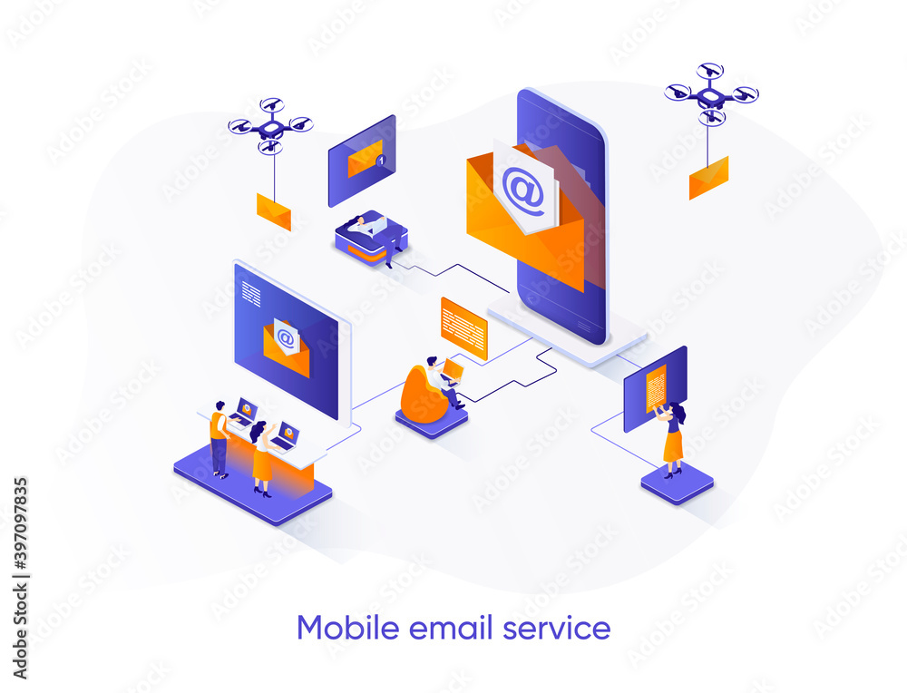 Mobile email service isometric web banner. Email smartphone app isometry concept. Social network messaging 3d scene, online people communication flat design. Vector illustration with people characters