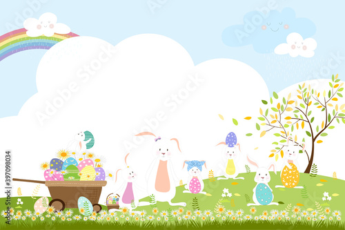 Spring field with bunny hunting Easter eggs,Vector Cute cartoon rabbits playing in green grass field with rainbow and raining,Spring, Summer banner with copy space for easter greeting card background
