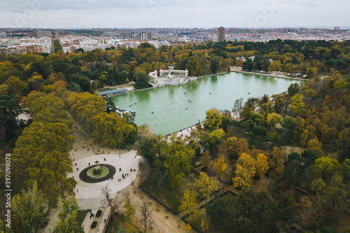 Parque de El Retiro Spain Madrid capital look from above view aerial drone shot Monument to Alfonso XII Estanque Grande del Retiro pond 