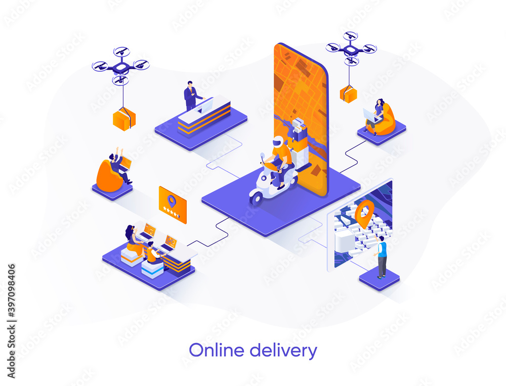 Fototapeta premium Online delivery isometric web banner. Express courier delivery service isometry concept. Logistics and distribution mobile application 3d scene design. Vector illustration with people characters.