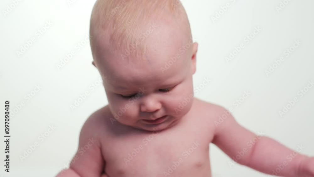 Shirtless Caucasian baby boy crying Shirtless Caucasian baby boy crying