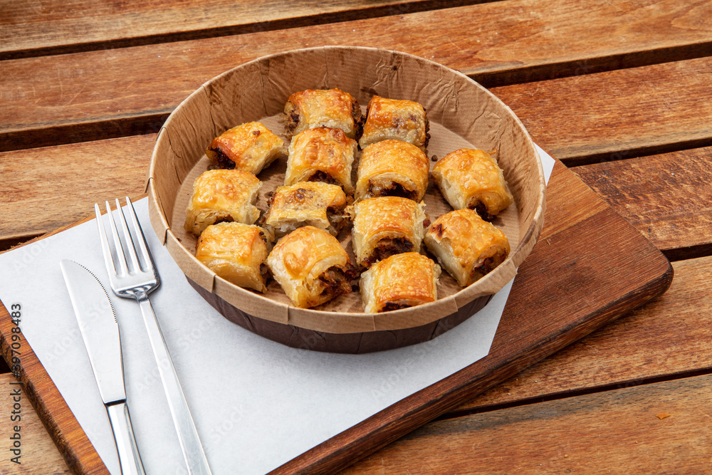 Turkish Tepsi Boregi, Round Borek, Tray pastry (Turkish name; rulo borek - sigara boregi) Turkish Tepsi Boregi, Round Borek, Tray pastry (Turkish name; rulo borek - sigara boregi)