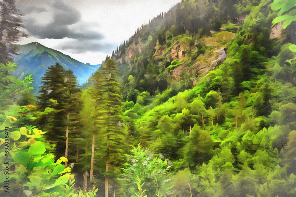 Obraz Piękny górski krajobraz w górach Kaukazu kolorowy obraz wygląda jak obraz.