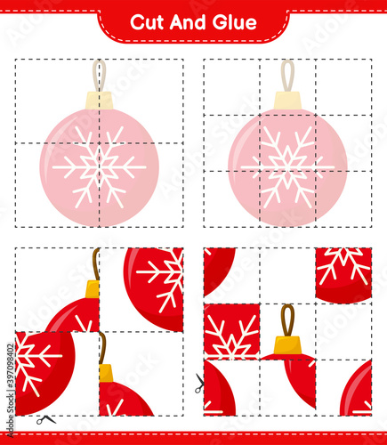 Cut and glue, cut parts of Christmas Balls and glue them. Educational children game, printable worksheet, vector illustration