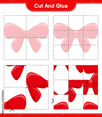 Cut and glue, cut parts of Ribbons and glue them. Educational children game, printable worksheet, vector illustration