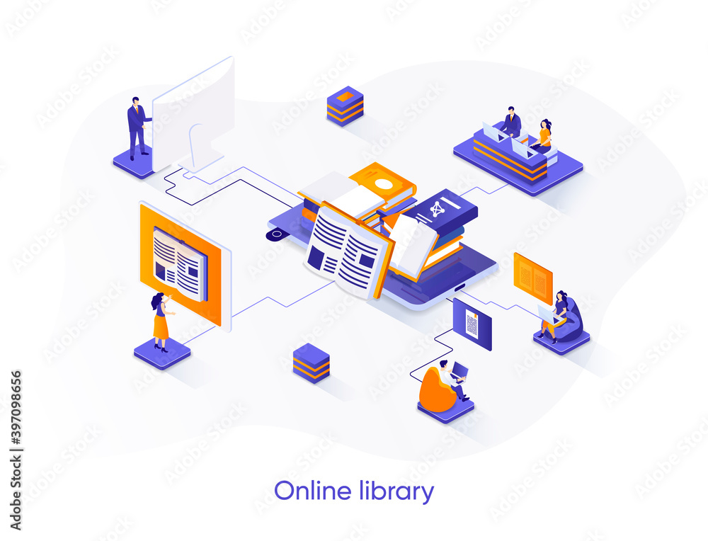 Online library isometric web banner. E-library application isometry concept. Electronic books service 3d scene, distance education and knowledge flat design. Vector illustration with people characters