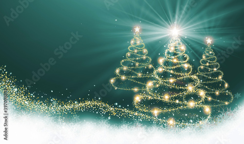 Golden Christmas Tree In Green Festive Background. Tidewater green