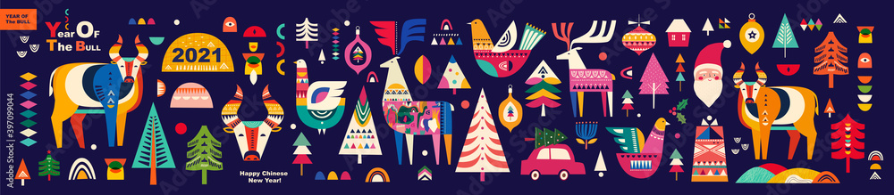 Christmas pattern in Scandinavian folk style with deer, Christmas tree. Happy Chinese New Year 2021 vector design. Symbol of 2021 Year the Bull. Christmas pattern in Scandinavian folk style with deer, Christmas tree. Happy Chinese New Year 2021 vector design. Symbol of 2021 Year the Bull.