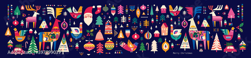 Christmas pattern in Scandinavian folk style with deer, Christmas tree, bird	