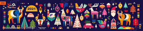 Christmas pattern in Scandinavian folk style with deer, Christmas tree. Happy Chinese New Year 2021 vector design. Symbol of 2021 Year the Bull.