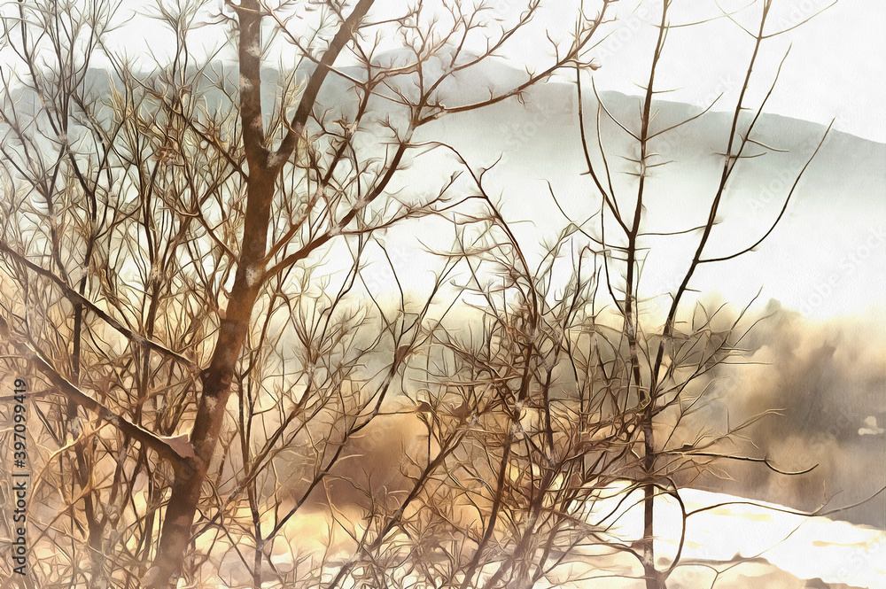 Beautiful sunny winter landscape at Caucasus mountains