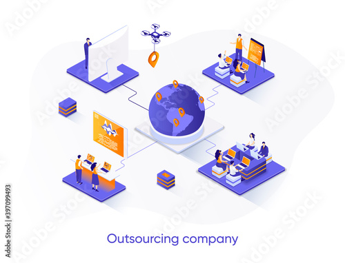 Outsourcing company isometric web banner. Remote workforce and freelancers recruiting isometry concept. Outsourcing software development 3d scene design. Vector illustration with people characters.