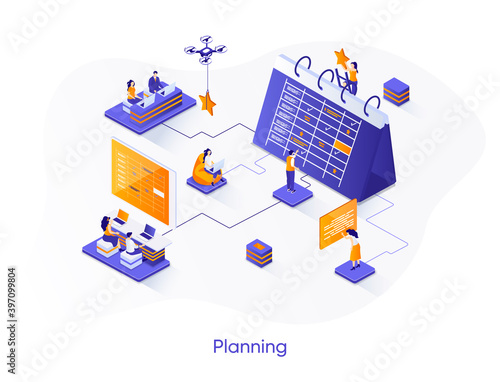 Business planning isometric web banner. Business planning, organizing work activities and tasks isometry concept. Time management, high productivity 3d scene. Vector illustration with people character
