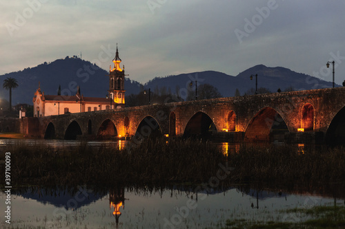 Ponte de Lima Limia Portuga evening hill mountains city village Ponte Romana Igreja de Santo António da Torre Velha photo