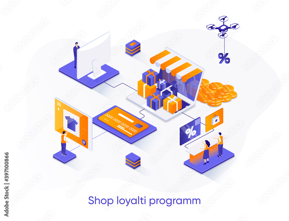 Shop loyalty program isometric web banner. Marketing strategy of attracting, retaining customers isometry concept. Online retail loyalty 3d scene design. Vector illustration with people characters.