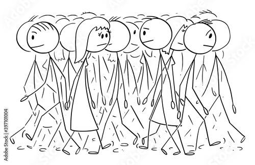 Vector cartoon stick figure illustration of anonymous group or crowd of people walking on street, pedestrians on walkway.