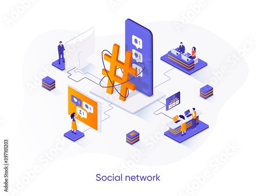 Social network isometric web banner. Internet community communication isometry concept. Social media content sharing 3d scene, posting message flat design. Vector illustration with people characters.