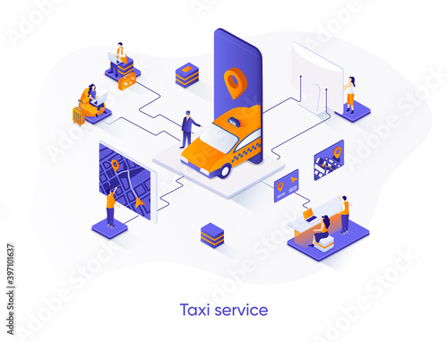 Taxi service isometric web banner. Web application for online taxi order isometry concept. Booking service 3d scene, passenger transportation flat design. Vector illustration with people characters.