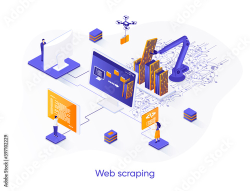 Web scraping isometric web banner. Data extraction software isometry concept. Process of automatic collecting and parsing raw data from web 3d scene design. Vector illustration with people characters.