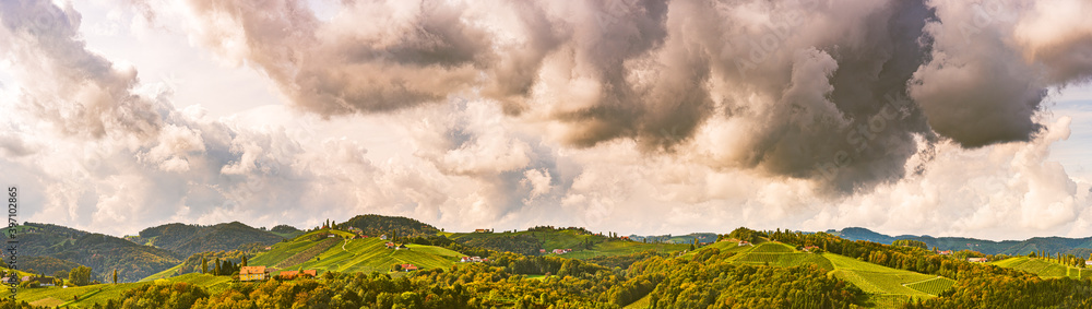 Landscape panorama of vineyards in Austria, South Styria. Travel destination.