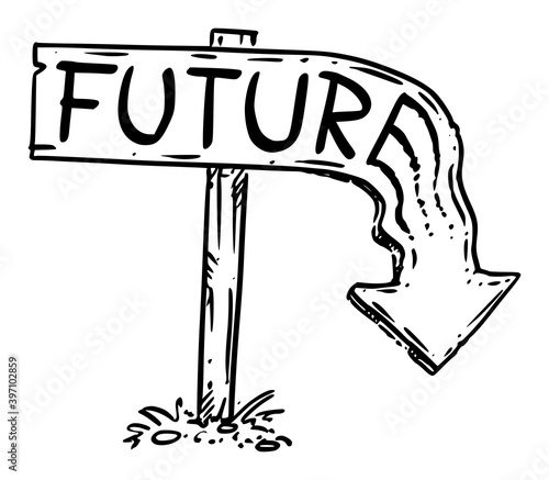 Vector cartoon illustration of future arrow sign melted and pointing down, concept of no human future,end of civilization or time, destruction, catastrophe or disaster.