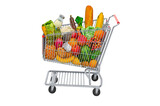 Shopping cart with products, fruits and vegetables. 3D rendering