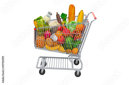 Shopping cart with products, fruits and vegetables. 3D rendering