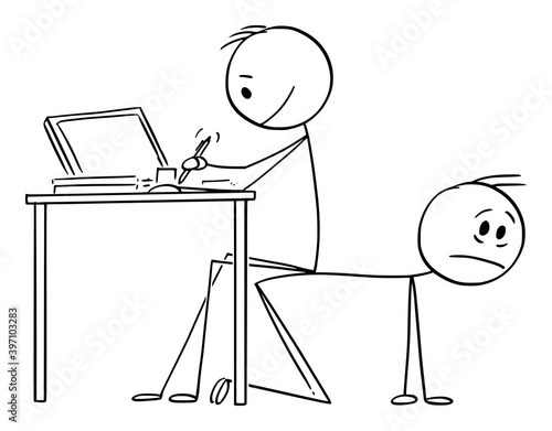 Vector cartoon stick figure illustration of man or businessman working in office and sitting on back of employee or coworker. Concept of bullying, inferiority, social level or subordination.