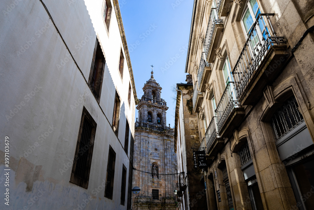 Santjago de Kompostela Spain Santiago de Compostela blue sky sunny day  sunlight shadows building church
