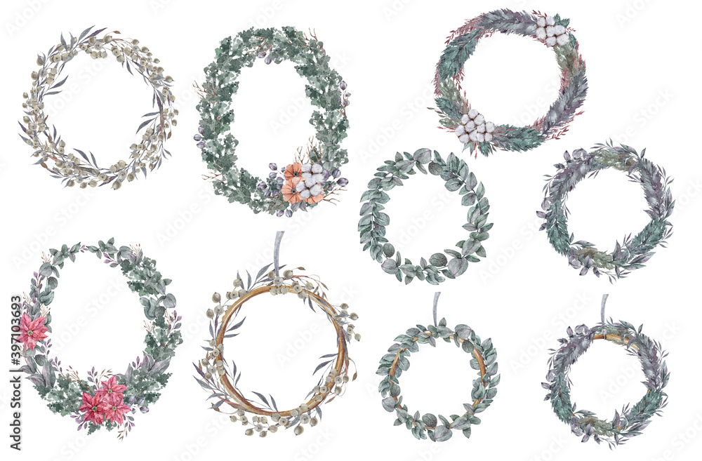 Watercolor flower wreaths with winter plants-eucalyptus, poinsettia, cotton flower. Can be used for wedding invitation, printing postcards, Christmas poster, greeting card, winter holidays, monograms Watercolor flower wreaths with winter plants-eucalyptus, poinsettia, cotton flower. Can be used for wedding invitation, printing postcards, Christmas poster, greeting card, winter holidays, monograms