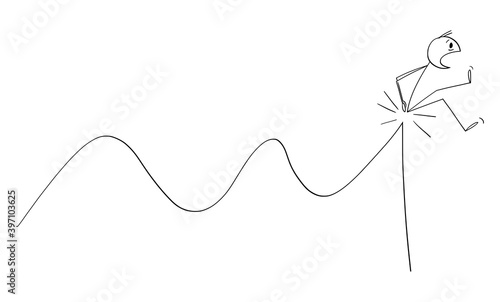 Vector cartoon stick figure illustration of man or businessman stabbed in bottom by sharp falling graph curve. Concept of financial crisis, investment or market slump.