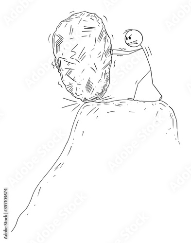 Vector cartoon stick figure illustration of man on hill or mountain pushing big rock or stone trying to start avalanche.