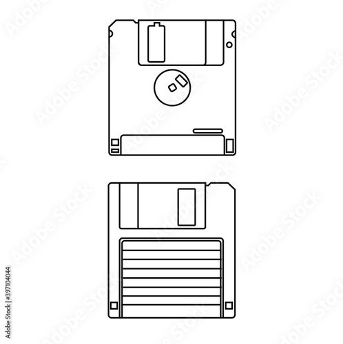 2 sides of an old technology floppy disc isolated on white background. Data storage vector linear outline icons