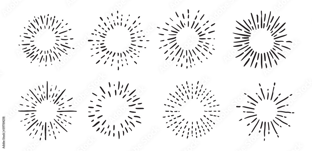 Firework hand drawn icons set. Sun rays images. Vector. Firework hand drawn icons set. Sun rays images. Vector.