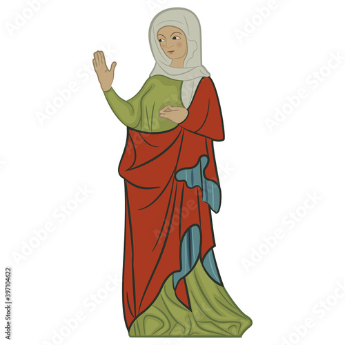 Standing medieval saint woman. Virgin Mary. Gothic lady. Isolated vector illustration. 