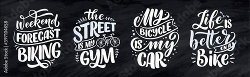 Set woth lettering slogans about bicycle for poster, print and t shirt design. Save nature quotes. Vector illustration