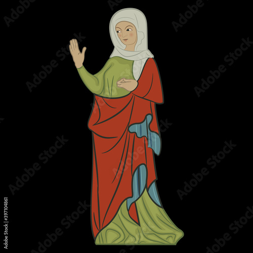 Standing medieval saint woman. Virgin Mary. Gothic lady. Isolated vector illustration.