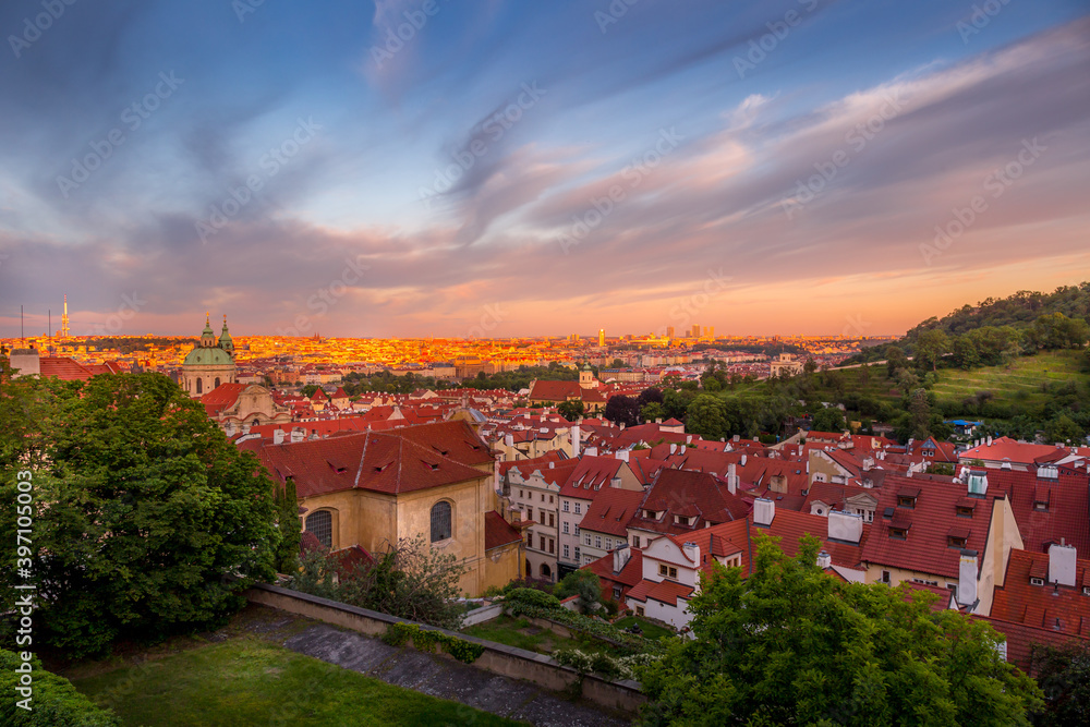 Picturesque historical Prague. View of Prague from Prague Castle. the sun-drenched city. UNESCO monument, Czech Republic