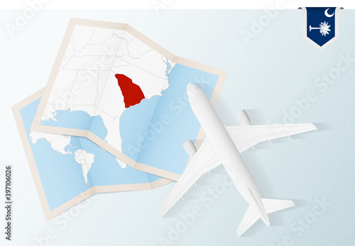 Travel to South Carolina, top view airplane with map and flag of South Carolina.