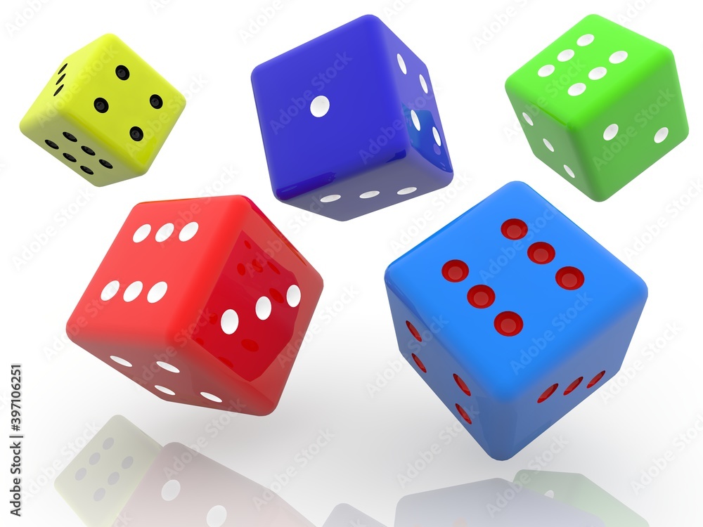 Dice of different colors moving on white Dice of different colors moving on white