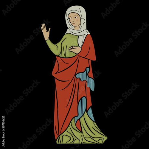 Standing medieval saint woman. Virgin Mary. Gothic lady. Isolated vector illustration. 